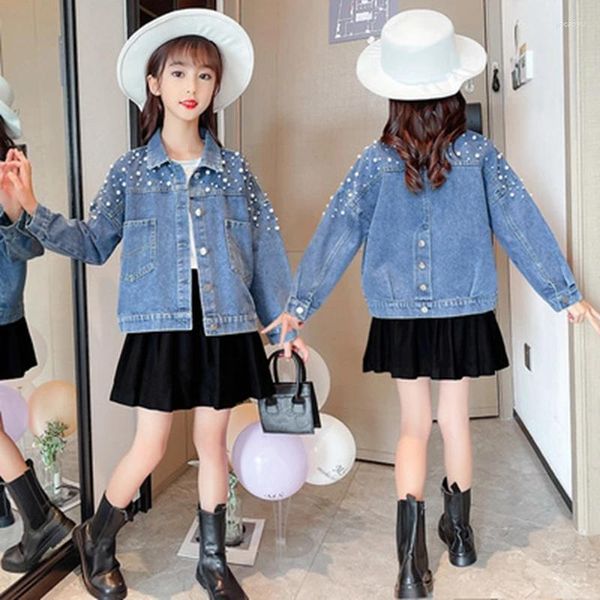 Vestes Teenage Girls Pearl Coats for Kids Denim Frinters Fall Forme Casual Long Manche Vêtus École d'extérieur 6 8 10 12 13Y