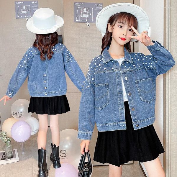 Chaquetas para chicas adolescentes abrigos de perlas para niños Denim 2023 otoño Casual manga larga ropa para niños ropa de abrigo escolar 6 8 10 12 13Y