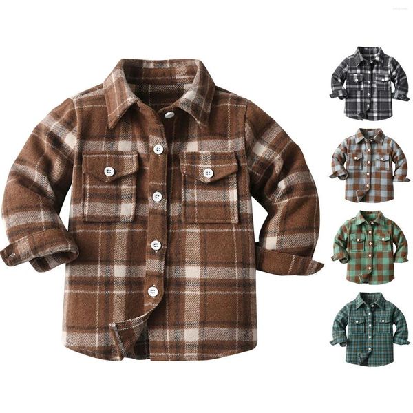 Chaquetas para niños pequeños y niñas, camisa, abrigo, chaqueta a cuadros, manga larga, cuello vuelto, Tops con botones, clima para más