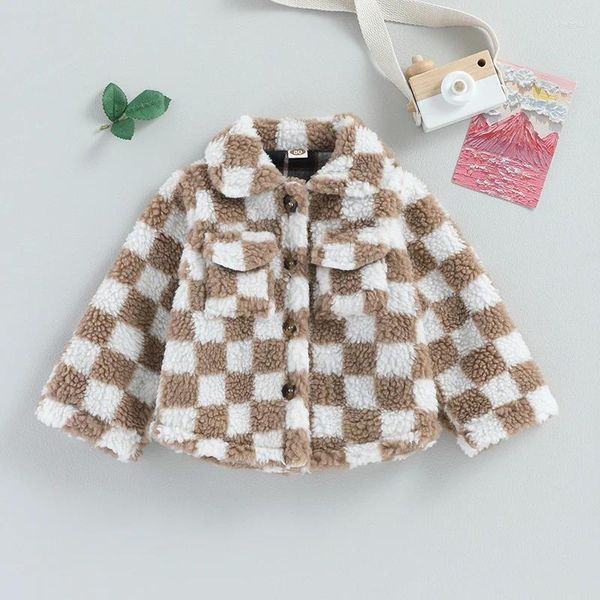 Chaquetas Chaqueta de lana para niñas pequeñas, abrigo Sherpa con botones de manga larga y cuello vuelto a cuadros para niños, ropa de abrigo cálida para invierno para niños