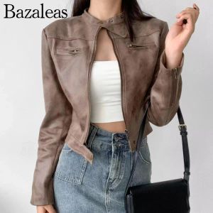 Vestes Traf Bazaleas vêtements d'extérieur courts noir marron Vintage veste en cuir simili daim manteau de motard pour femmes boutique officielle