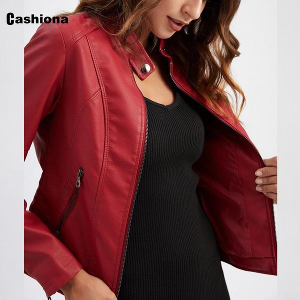 Vestes TRENDY 2021 FAUX PU Le cuir vestes Femme Femme Spring Automne Swear Pocket Zipper Coat Slim Fitted Veste Red Black Femme Vêtements