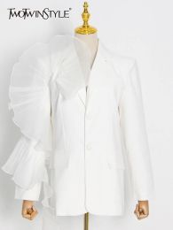Vestes Twotwinstyle White Ruffle Trizer pour femmes Collier narqué à manches longues Blazers minimalistes