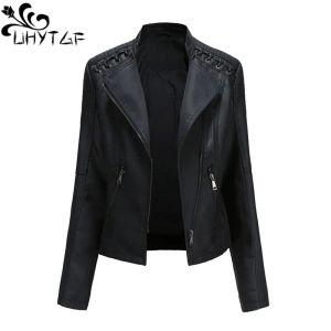 Vestes de base UHYTGF printemps automne veste en cuir PU femmes fermeture éclair manches longues mince Biker court en cuir manteau femme mince vêtements d'extérieur dames 2653