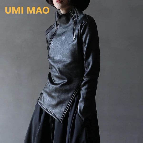 Vestes UMI MAO Dark Yamamoto Style col montant irrégulier fermeture éclair diagonale Faux cuir sweat femme Cool noir gothique veste Y2K