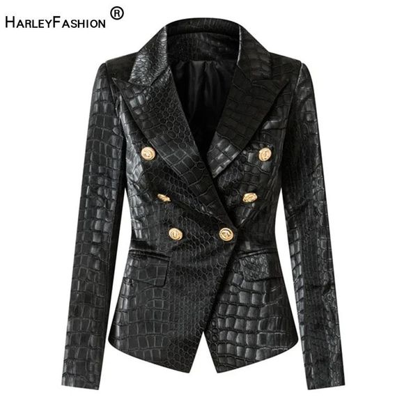 Vestes Unique Designing Animal Crocodile Match Leather Black Blazer for Women Double Breasted Boutons Luxurious PU Street Vestes