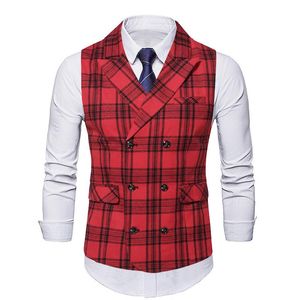 Vestes Gilet pour Hommes Rouge Plaid Écossais Plaid Gilet Causal Party Vêtements Pour Hommes Sans Manches Double Boutonnage Gilet Sur Mesure Grande Taille