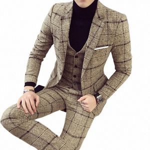 Vestes + gilet + pantalon 2022 Hommes Plaid Busin Blazers / Homme Slim Fit Pure cott Costume trois pièces / Homme Plaid Groom dr M-5XL h68J #