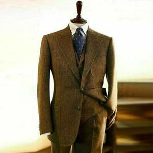 Chaquetas Trajes de espiga vintage Hombres Fiesta de negocios Novios Boda Esmoquin Marrón Tweed Wollen Blend Chaqueta + Chaleco + Pantalones 3 piezas 2022