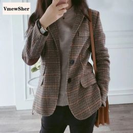 Vestes VmewSher nouveau Style britannique mince femmes Plaid Blazers Patch Patchwork femmes classique costume manteau formel dame simple boutonnage vêtements d'extérieur