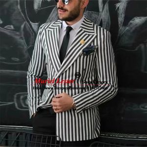 Jassen Wit/zwart Gestreepte Pak Jassen Double Breasted Jas Mannen Tailored Made Slim Fit Bruiloft Smoking Kostuum Homme Mariage Blazer