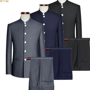 Jackets witte knoppen stand -up kraagpak twope oce heren (blazer jas + broek) Chinese stijl mannen zhongshan pakken blauw grijs zwart 4xl