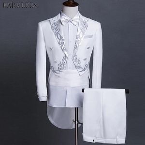 Vestes Tailcoat blanc hommes costumes brodés jacquard manteau de queue 2 pièces costumes pour hommes (veste + pantalon) mariés de mariage chanteurs de bal ensemble de smoking