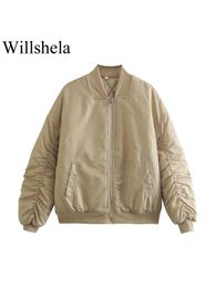 Chaquetas Willshela Moda Mujer con Bolsillos Caqui Cremallera Frontal Cazadoras Vintage Cuello Redondo Manga Larga Mujer Chic Lady Top Trajes