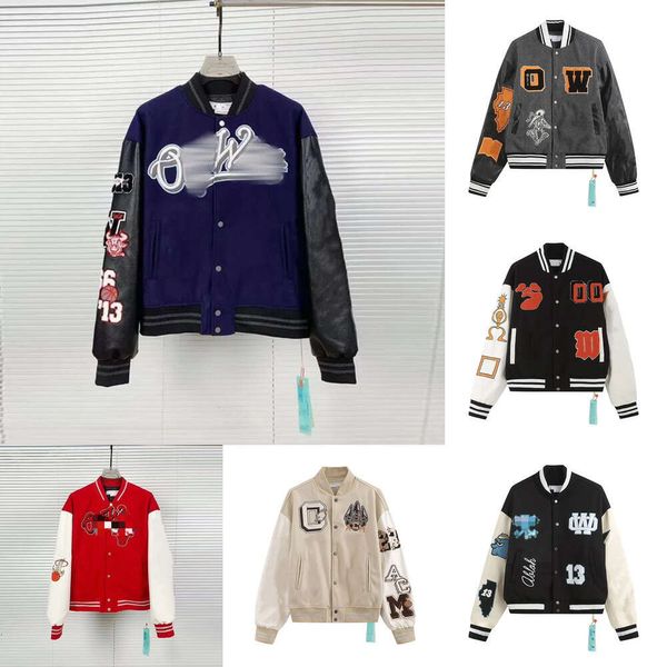 Chaquetas cortavientos Off Varsity Vintage suelto largo béisbol Hip Hop Harajuku Offs carta blanca bordado ropa de calle hombres abrigos unisex 520