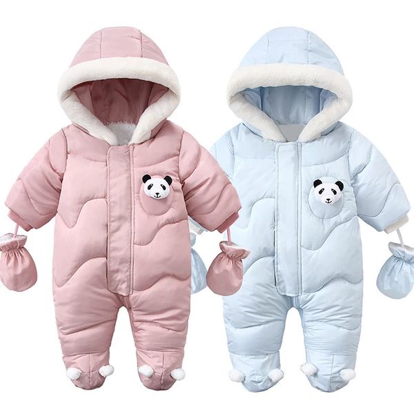 Vestes Hiver né bébé manteau mignon Panda barboteuse avec des gants coton plus velours chaud vêtements pour bébés ensemble à capuche enfant en bas âge combinaison 0-18 M 231129