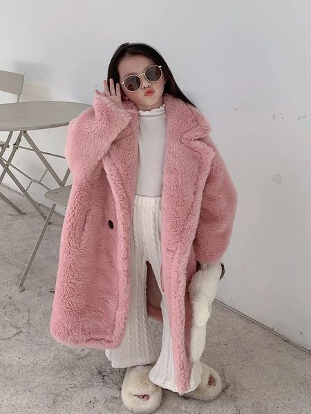 Vestes d'hiver manteau filles garçons 2023 fourrure à capuche ours en peluche blanc rose fausse fourrure veste longue manches enfants polaire cardigan XMP614 231121