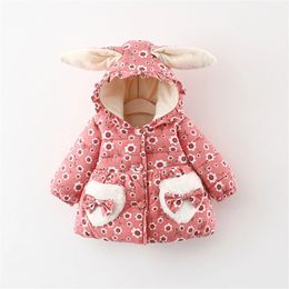 Vestes d'hiver pour fille, manteau en coton, petite fleur, nœud d'amour, poche, oreille de lapin, bouton à capuche, manches longues, peluche épaisse, 231123