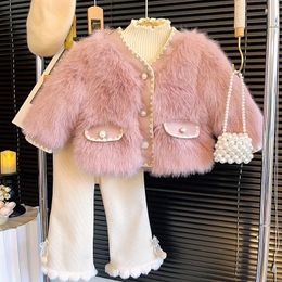 Vestes d'hiver filles veste de fourrure mode coton rembourré enfants princesse manteaux chaud en peluche chemise à fond épais polaire pantalon 2 3 4 5 6 7 ans 231128