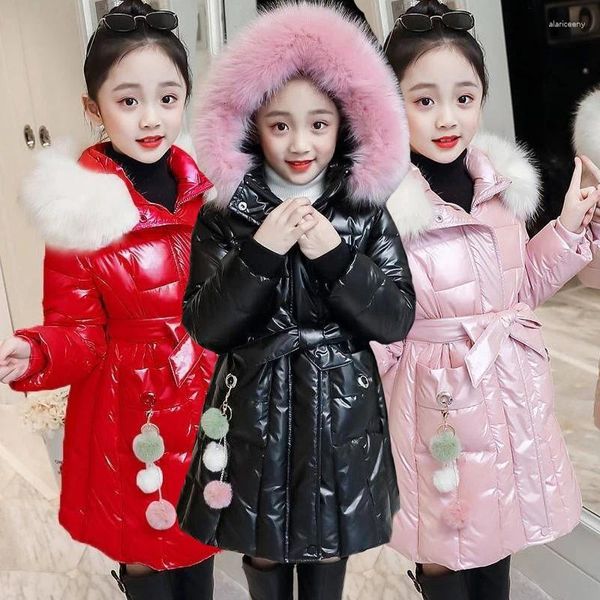 Chaquetas Chaqueta de invierno para niñas, forro impermeable brillante de Color sólido, cazadora gruesa de terciopelo para niños, abrigo de piel con capucha a la moda