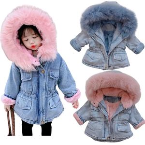 Vestes Hiver Filles Garder Au Chaud Veste Pour Enfants Plus Velours Denim Vêtements Pour Enfants Col De Fourrure Bébé Filles À Capuchon Enfant En Bas Âge 230928