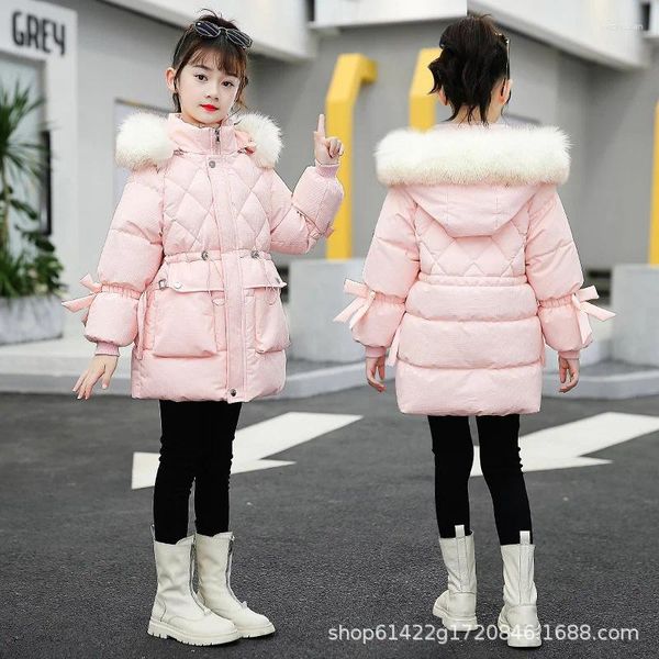 Vestes d'hiver pour filles, veste épaisse à capuche avec col en fourrure, manteau lourd pour grands enfants, vêtements d'extérieur par temps froid, Parka mi-longue, combinaison de neige