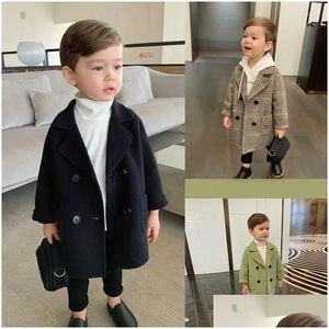 Jackets Winter Grid Boys Girls Wollen Doublebreasted Baby Trench Coat Rapel Kinderen Outerwear wol overjas peuter herfstkleding druppel d dhuca