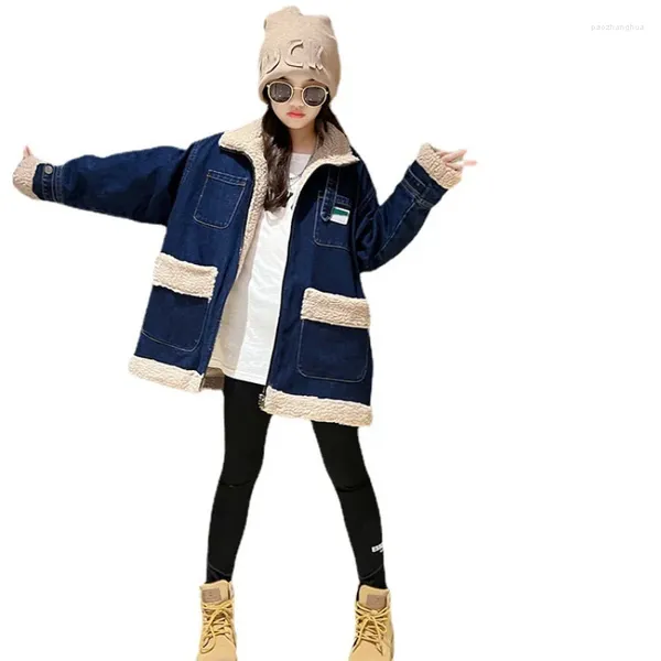 Vestes Hiver enfants épais chaud Denim veste pour filles grande poche laine d'agneau Parkas vêtements pour enfants adolescent bleu jean vêtements d'extérieur manteaux