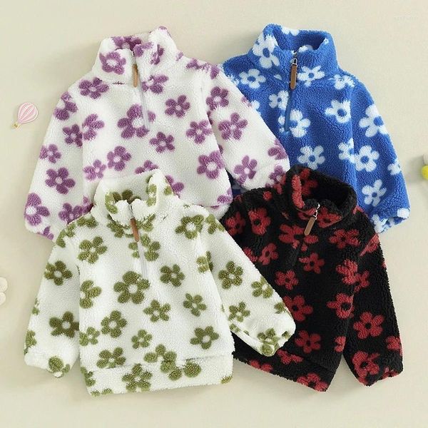 Chaquetas de invierno para niños pequeños y niñas, prendas de vestir de lana cálidas y peludas, sudadera con cremallera y estampado de flores de manga larga, chaqueta para bebé 0-4T