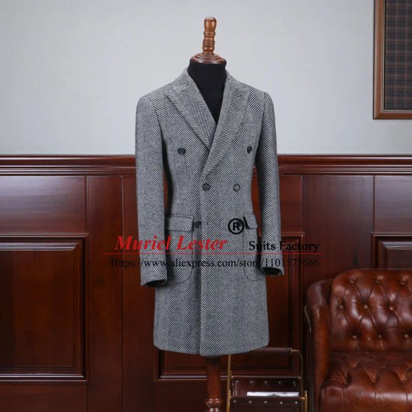 Chaquetas Gabardina de invierno para hombre, mezcla de lana en espiga gris, chaquetas de traje gruesas, chaquetas de novio con doble botonadura hechas a medida, abrigo largo