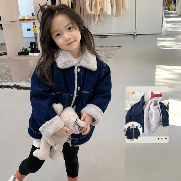 Vestes d'hiver chaudes pour bébés filles, en coton, simple boutonnage, doublure polaire épaisse, manteaux en Denim pour enfants d'école, tenue pour enfants de 2 à 8 ans