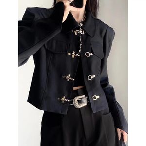 Vestes femmes manteau 2022 printemps nouveau Style chinois mode bouton en métal bureau dame solide chaînes complètes col rabattu manteaux d'extérieur