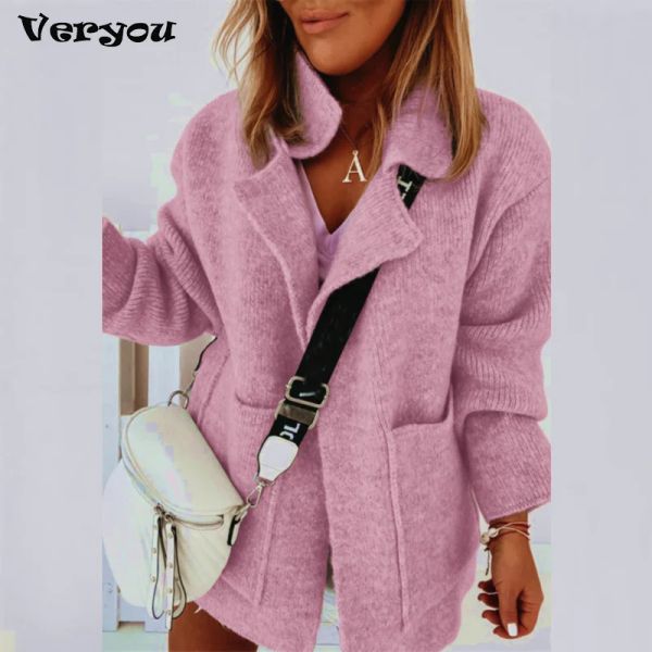 Chaquetas para mujer, suéter de punto elegante de Color sólido, suéteres gruesos de manga larga para invierno y otoño, cárdigan con cuello vuelto para mujer, abrigo XL 2023