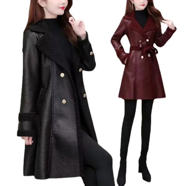 Vestes Veste en cuir pour femmes automne et hiver nouveau occidentalisé lâche à lacets décontracté en cuir épaissi hiver fausse fourrure manteau trench