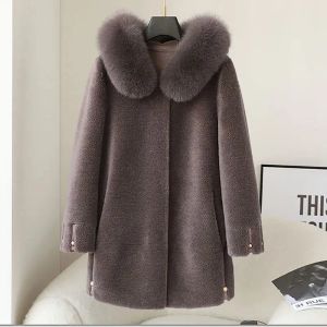 Jassen Dames Schapen Shearling Jassen Voor Dames 2023 Winterkleding Capuchon Effen Echte Bontjas Vrouwelijke Wollen Jassen Casaco Feminino E618