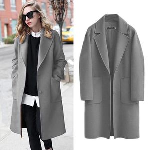 Vestes en feuilles hivernales de la femme manteau poitrine simple collier de revers longue veste mxl trop revêtement de couleur unie avec des poches fs99