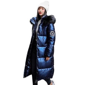 Jassen vrouwen xlong oversized blauw jassen dik casual met bont epaulet 2021 winter vrouwelijk down jassen kap vaste vrouwen jassen