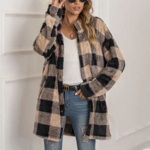 Chaquetas Abrigo de lana Chaqueta larga a cuadros Mujer Abrigo Moda Abrigos de manga larga Mujer Otoño Invierno Casual Abrigo para niñas Ropa de calle femenina