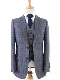 Vestes Livraison gratuite laine gris bleu Tweed hommes sur mesure hommes 3 pièces costume sur mesure Slim Fit costumes pour hommes Blazer (veste + pantalon + gilet