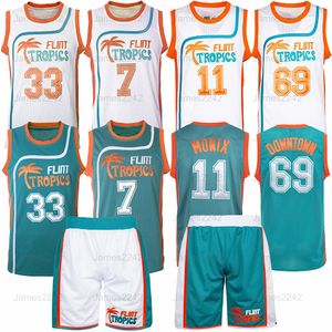 Jackie Moon # 33 Coffee Black # 7 Downtown Malone # 69 Monix # 11 Flint Tropics Semi Pro Movie Jersey Shorts Set Hombres Cosidos