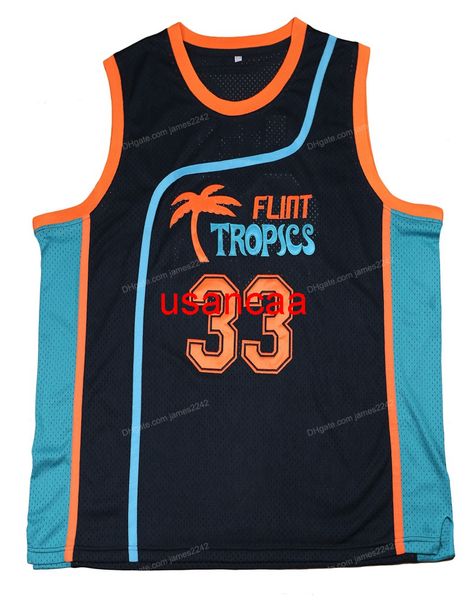 Jackie Moon #33 Flint Tropics Semi Pro Movie Baloncesto Jersey Hombres Todos los jerseys negros cosidos