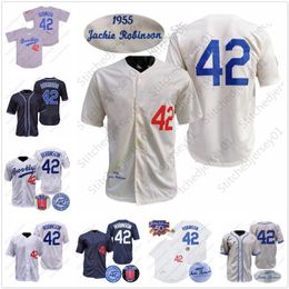 Jackie Robinson Jersey Beisebol Veste Vintage 1955 Creme Fashion Hall Of Fame 50º 1º WS Patch Mens Mulheres Juventude Preto Cinza