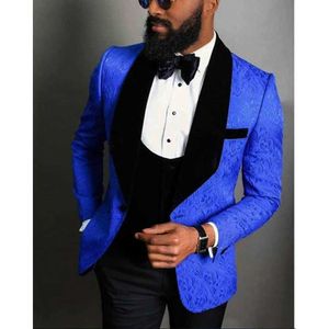 Jackquard Floral Pattern Royal Blue Black Men Pak Custom Made Groom Tuxedo 3 Stuks (Jas + Vest + Pants) Prom Suits X0909