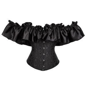 Jacquard Brocade Overbust Corset Top avec Off-shoulder Dramatic Ruffle Satin Sleeves Femmes Mode Shapewear Corpete Korset