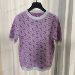 Telas jacquard que hacen punto camisetas de diseñador Empalme púrpura Ahuecado Diseño Bordado Prendas de punto Camisetas Mujeres de lujo Cuello redondo Suéter elástico Ropa de mujer