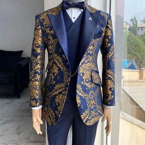 Jacquard Floral Tuxedo Suits For Men Wedding Slim Fit Marineblauw en gouden herenjas met Vest Pant 3 -delige mannelijk kostuum 220705