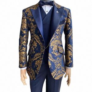 Jacquard Bloemen Smoking Pakken voor Mannen Bruiloft Slim Fit Marineblauw en Goud Gentleman Jas met Vest Broek 3 Stuk Mannelijke kostuum o5Jc #