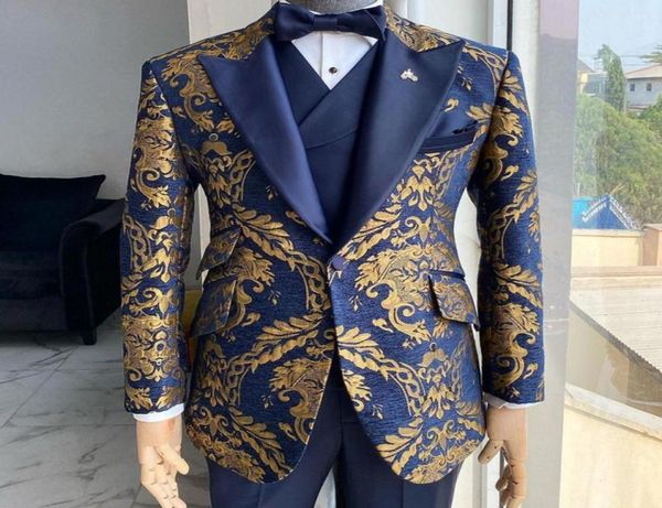 Jacquard Floral Tuxedo Costumes for Men Wedding Slim Fit Navy Blue et Gold Gentleman Veste avec gilet Pant 3 pièces Costume masculin JAC9931084