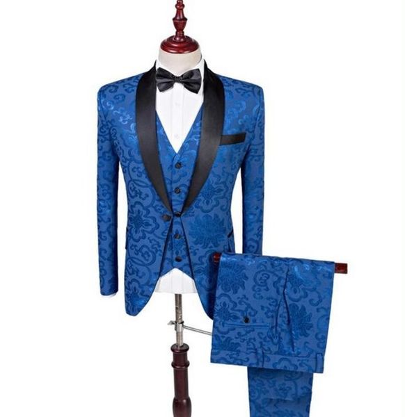 Jacquard Groom Tuxedos Royal Blue Mens Mariage Tuxedos Noir Châle Revers Homme Veste Blazer Hommes 3 Pièces Costume Veste Pantalon Gilet Tie232f