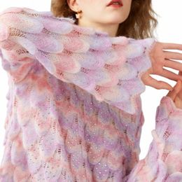 Jacquard Niche Design Femmes Pull Tricot Flare Lg Manches Mohair Arc-En-Coloré Pull Diamd Embelli Automne Nouveau Dans l3pS #